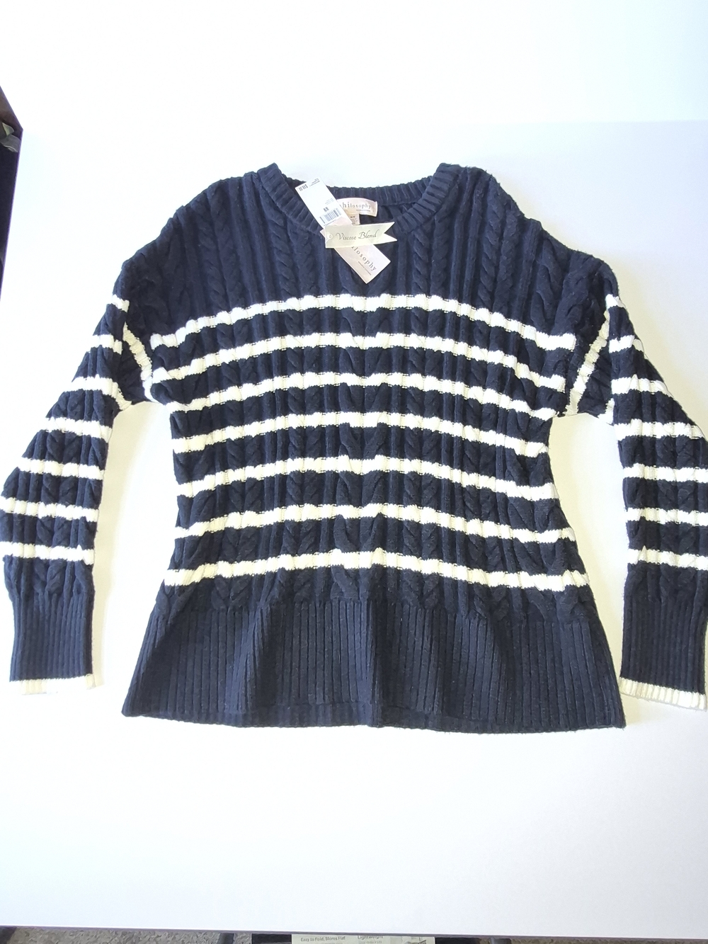 Philosophy Navy and White Striped Cable Knit Scoop Neck Sweater